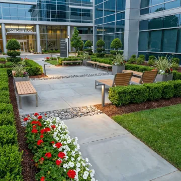 Commercial property with professional landscaping and stone hardscape features
