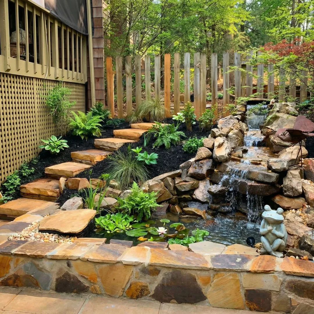 Custom designed water feature with natural stone in Marietta landscape