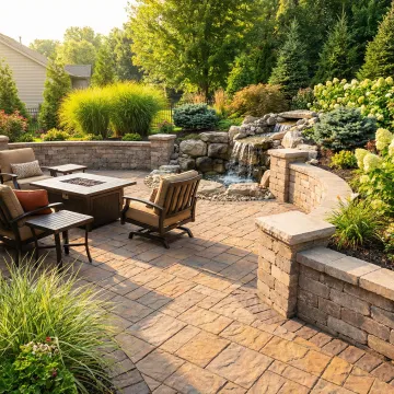 Professional hardscape installation featuring paver patio and retaining wall in residential backyard