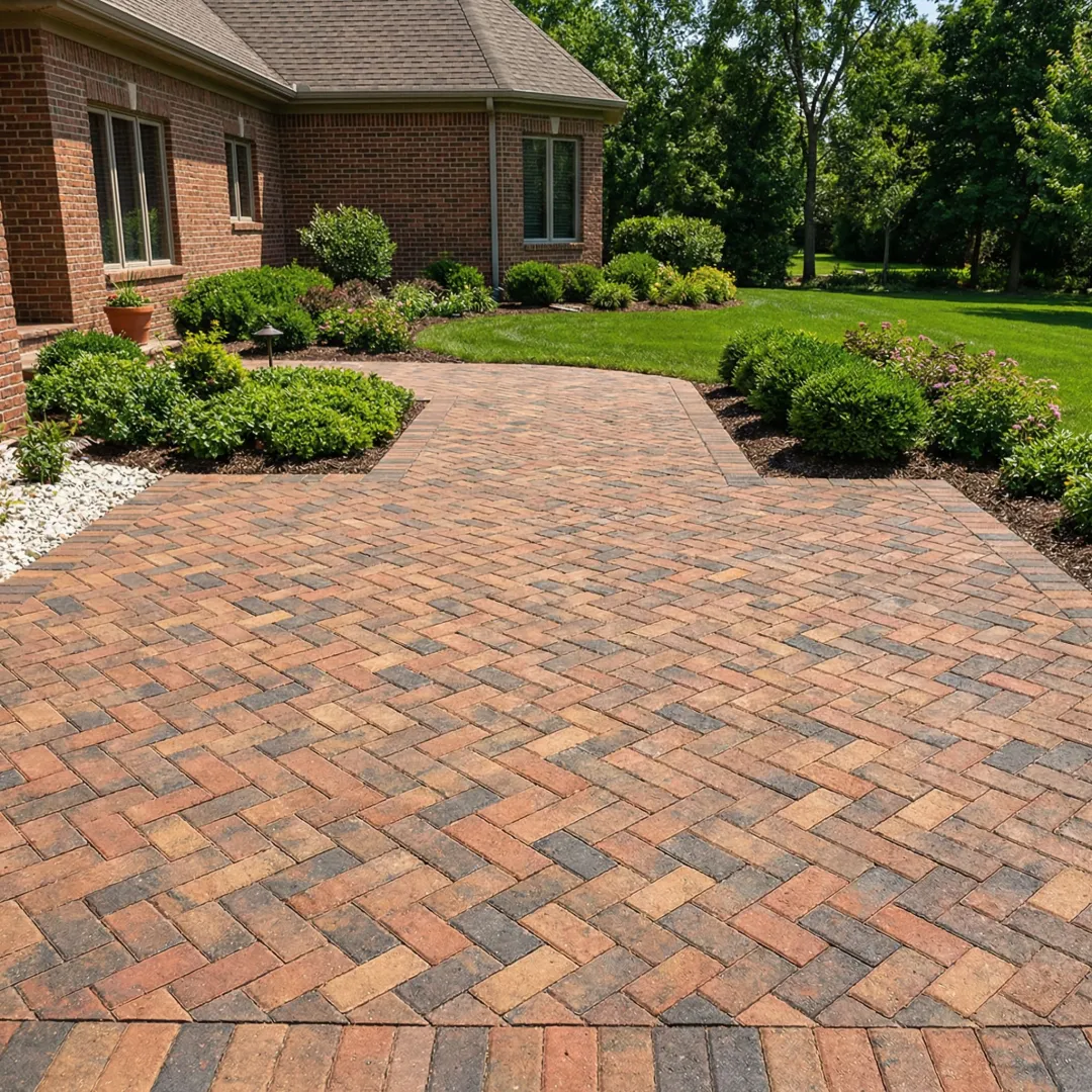 Elegant cobblestone paver patio with outdoor seating in Marietta home