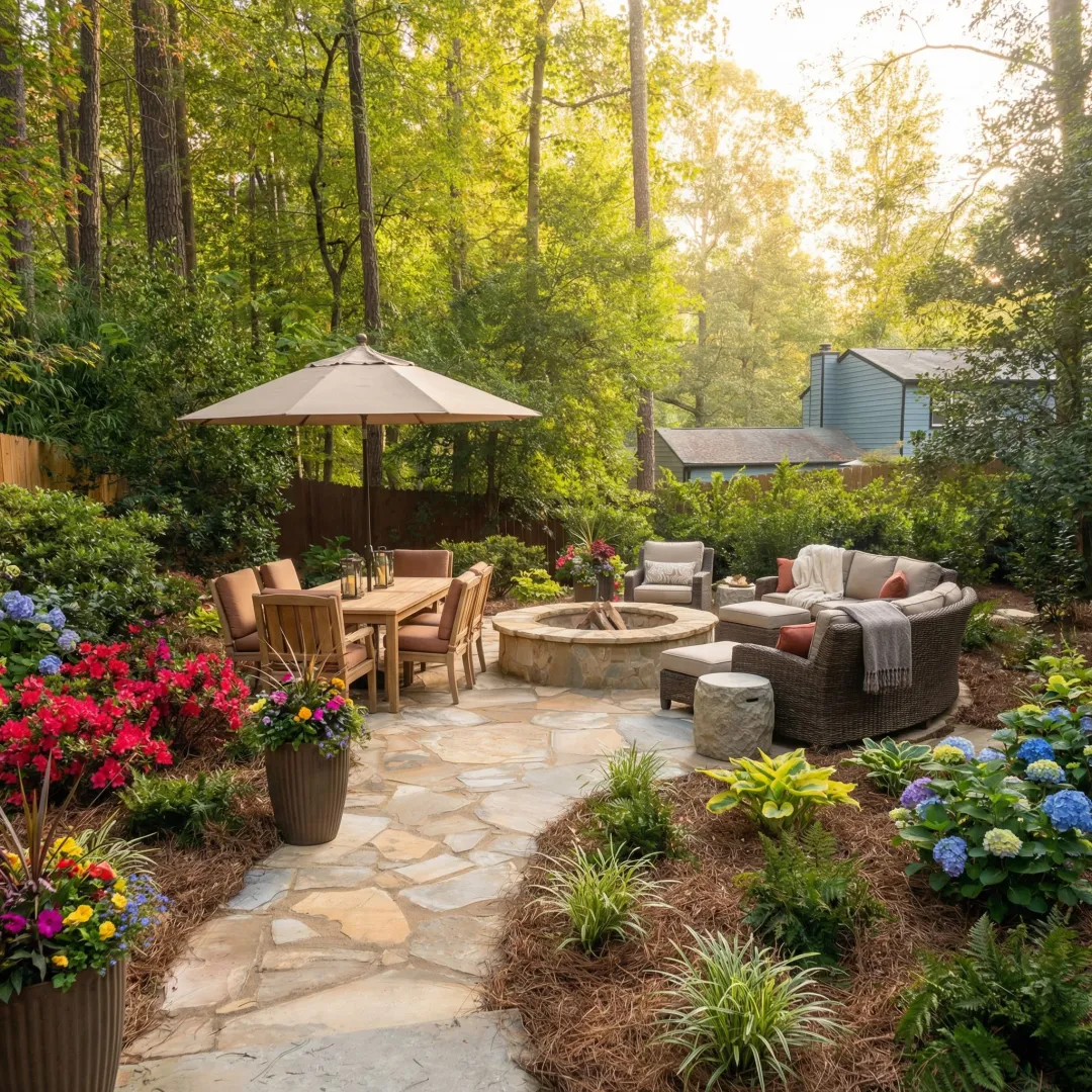 Beautiful stone patio installation in Chimney Springs residential backyard