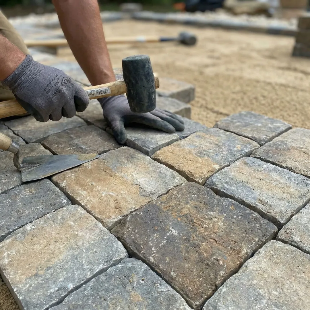 Close-up of cobblestone paver installation showing expert craftsmanship and pattern detail