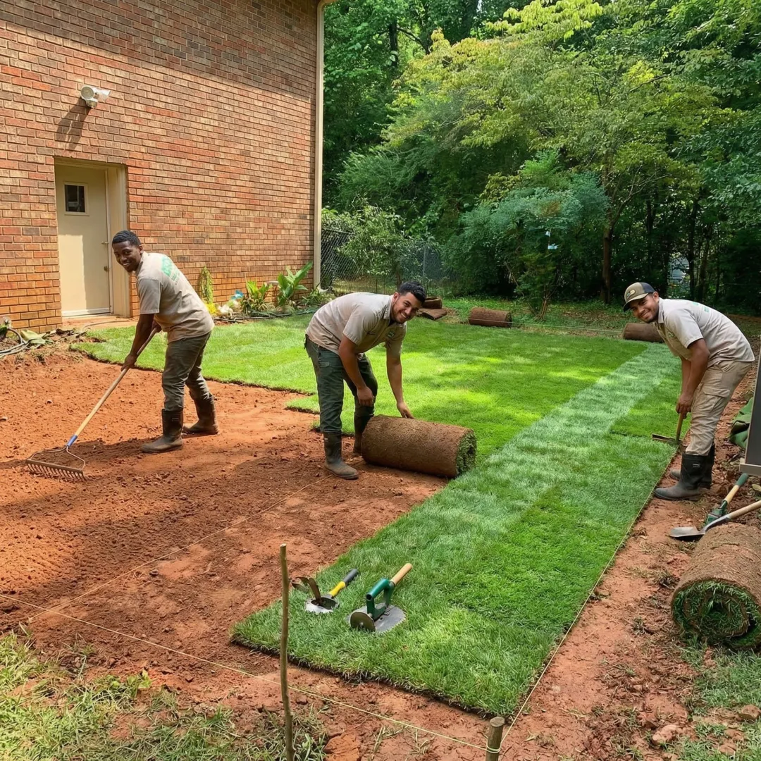 Step-by-step lawn installation process showing ground preparation and sod laying