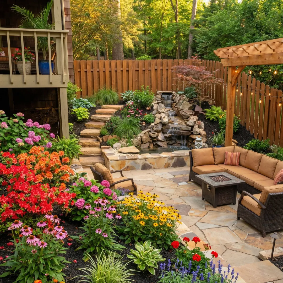 Beautiful renovated garden with custom hardscape features and lush landscaping in East Cobb GA