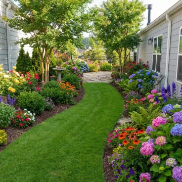 Lush softscape landscaping with colorful flowers, shrubs, and trees in a residential yard