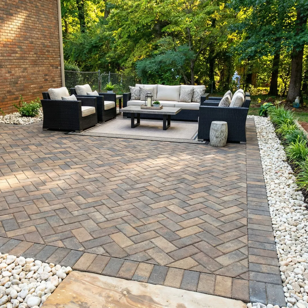 Beautiful paver patio installation with comfortable outdoor furniture and landscaping