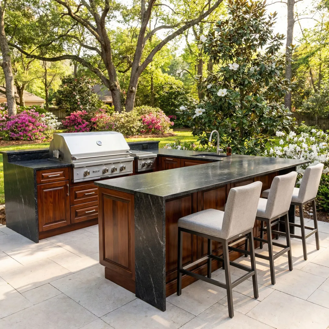 Luxury outdoor kitchen with built-in grill and granite countertops in West Cobb backyard