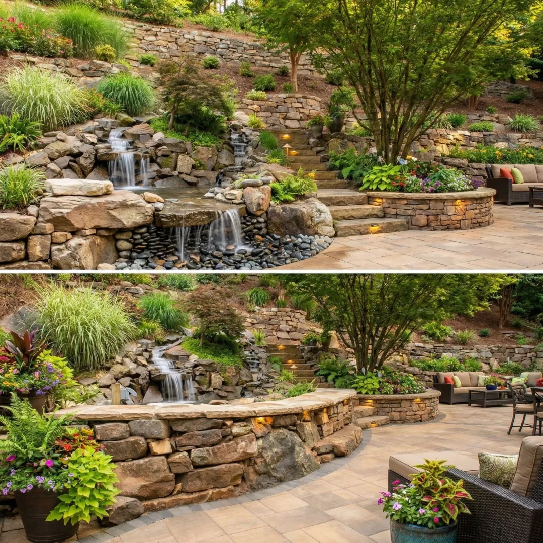 Beautiful custom stonework installation in East Cobb residential landscape