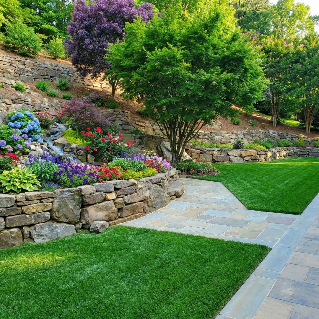 Beautiful residential landscape with custom hardscape features and lush plantings
