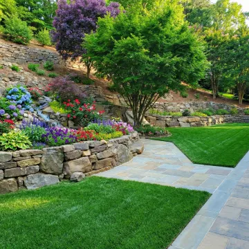 Beautiful residential landscape with custom hardscape features and lush plantings