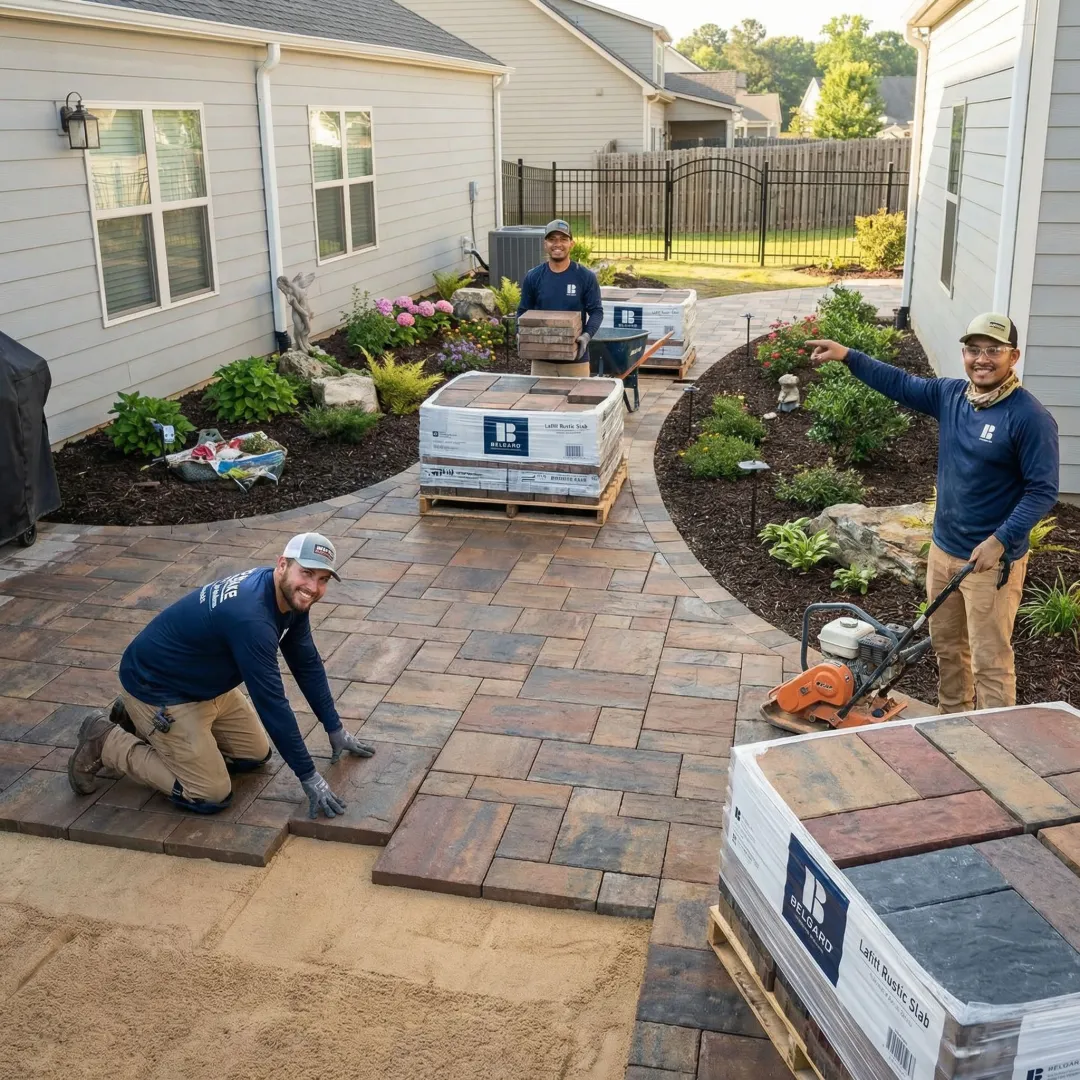 Professional paving stone installation showing elegant outdoor patio