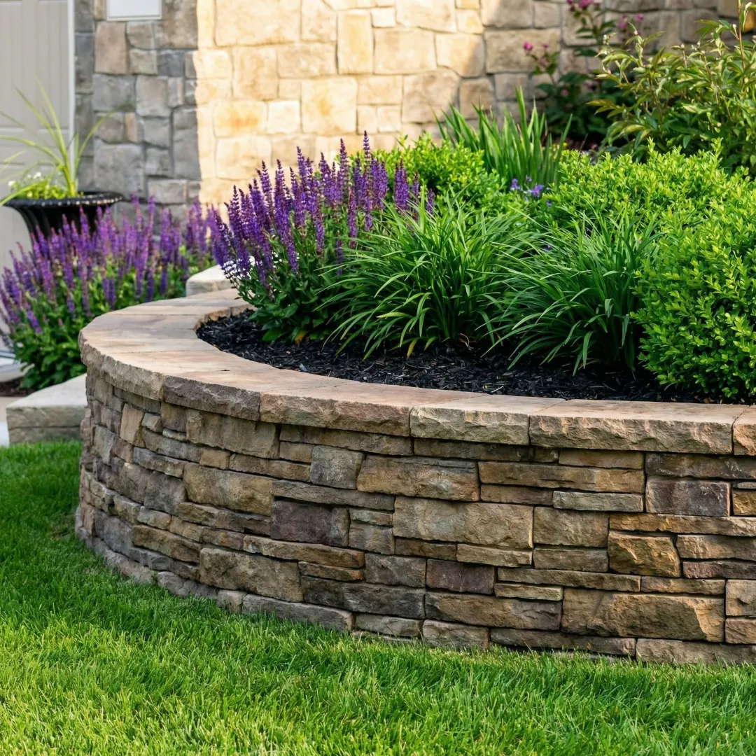 Professional garden wall construction with stone pavers and landscaping