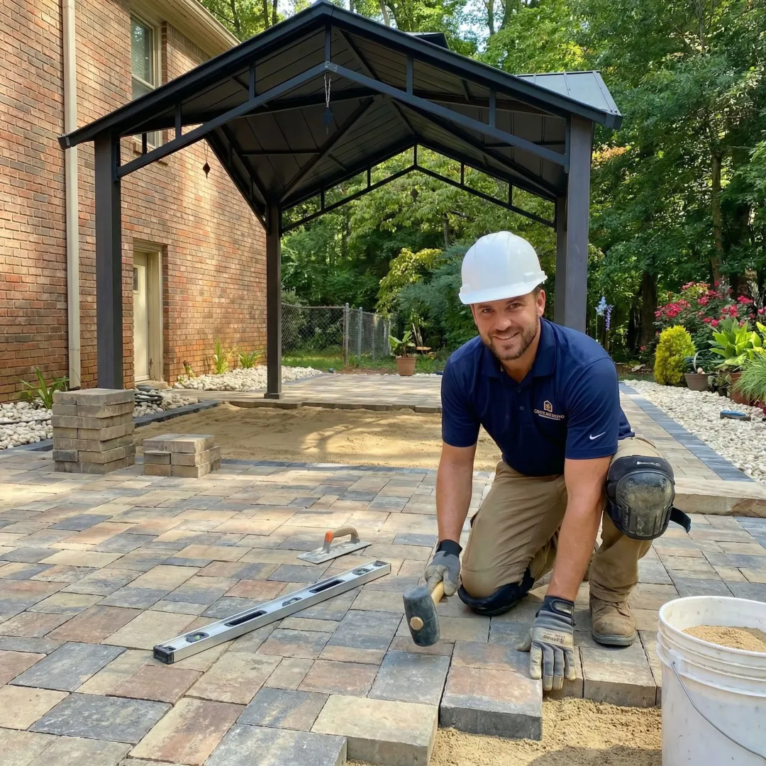 Professional stone patio contractor installing Belgard pavers