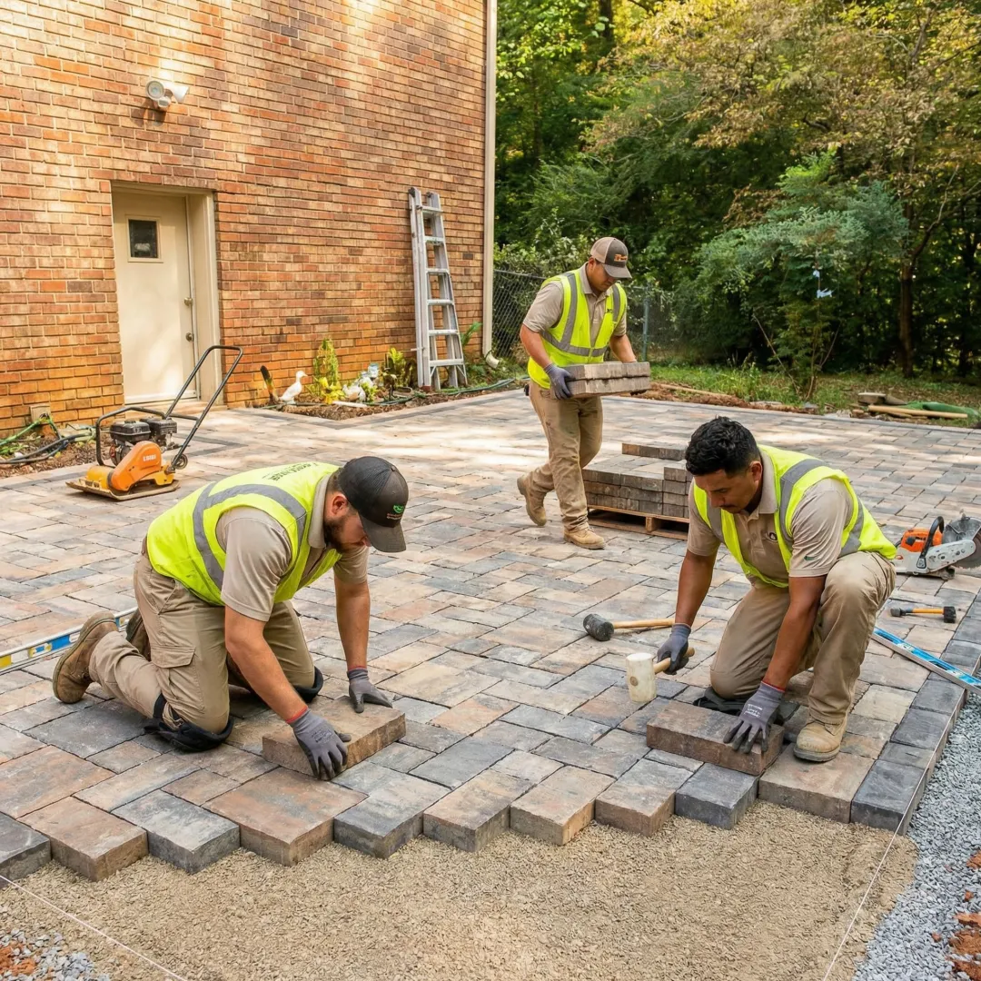 Professional contractors installing stone patio pavers with precision