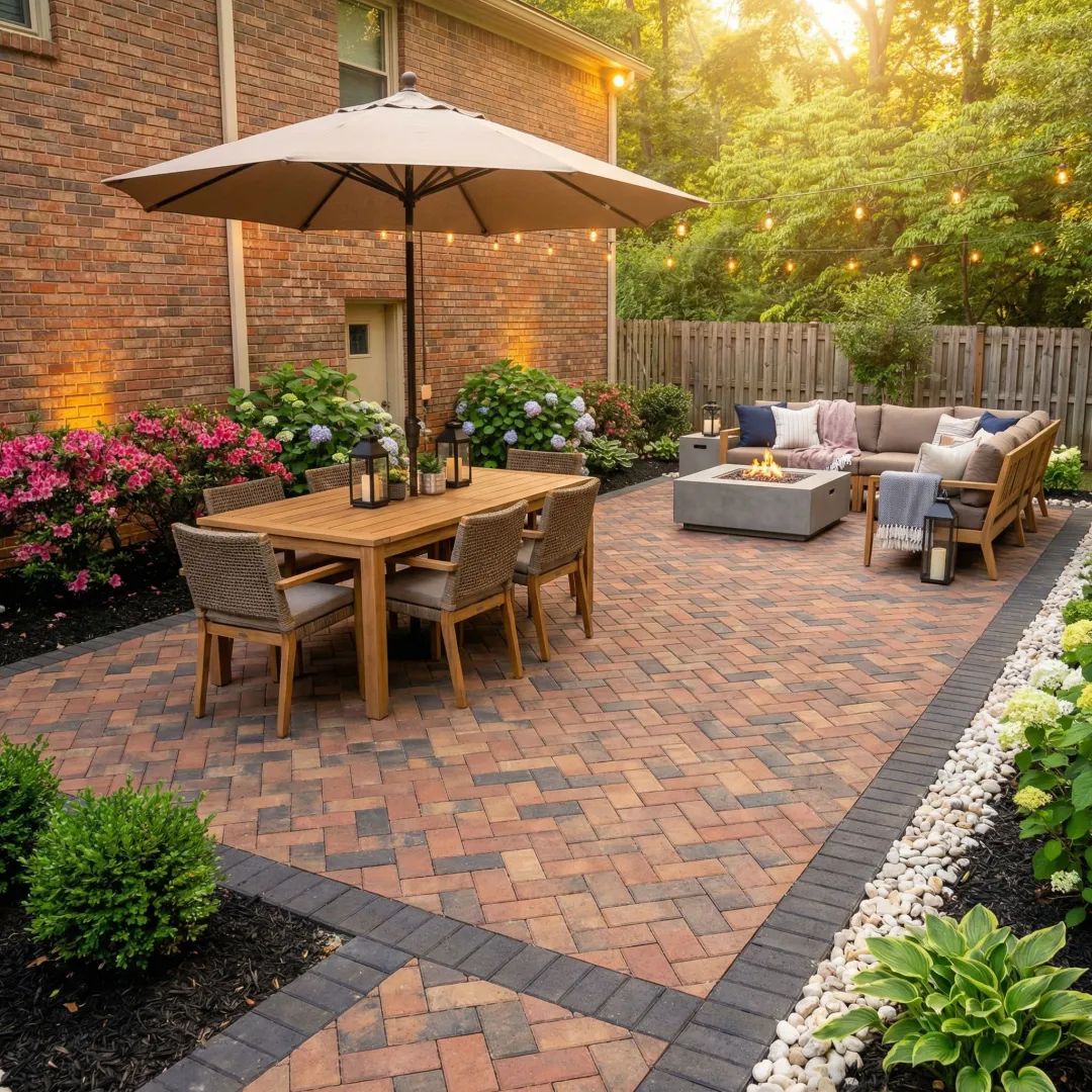 Beautiful custom stone patio with premium pavers in East Cobb backyard