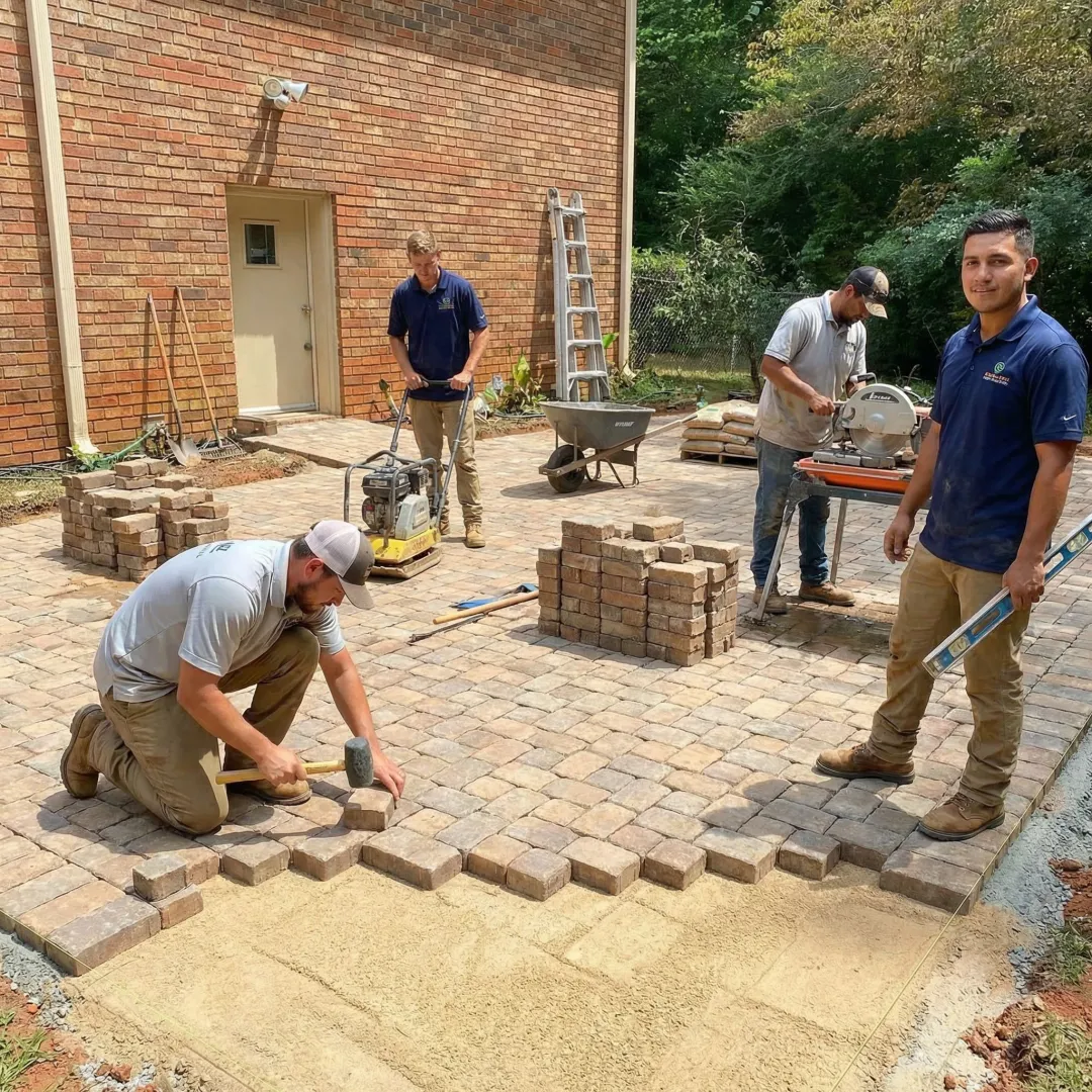 Professional hardscape crew installing cobblestone pavers with precision tools
