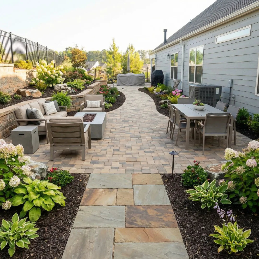 Professional hardscape construction featuring custom patio with outdoor seating area