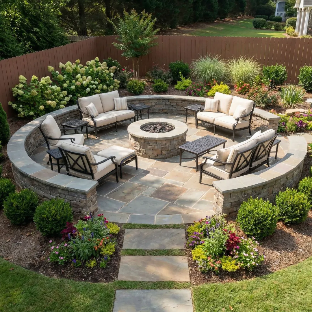 Custom hardscape patio installation in Marietta backyard with stone pavers and outdoor seating