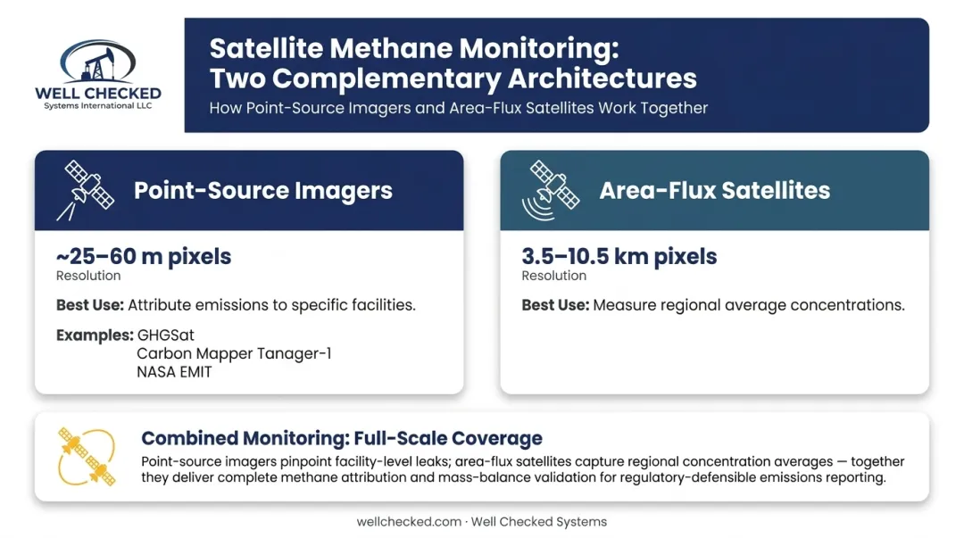 Methane satellite monitoring types comparison point-source imagers versus area-flux satellites