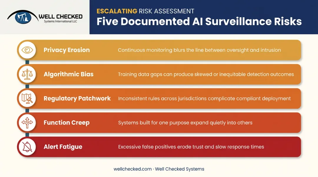 Five key risks of AI surveillance including bias privacy and function creep