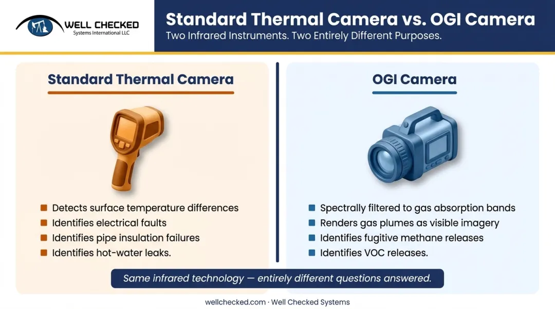 OGI camera versus standard thermal camera gas detection capability comparison infographic