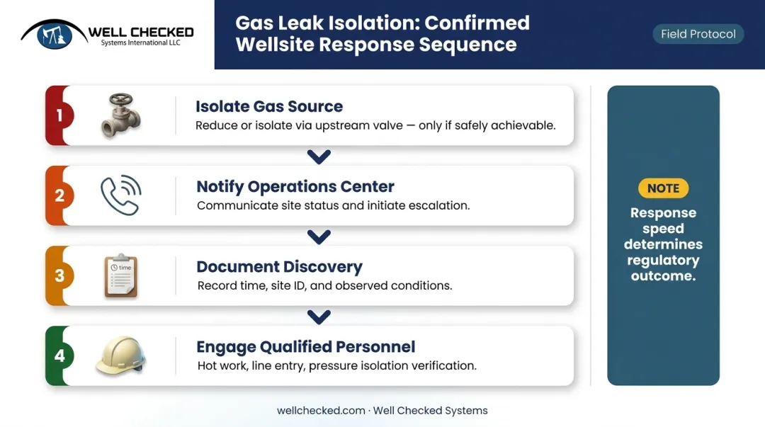 Four-step upstream wellsite gas leak isolation and shutdown response sequence