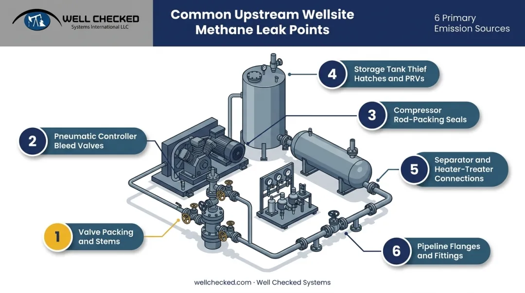 Six highest-frequency natural gas fugitive emission leak points at upstream wellsites