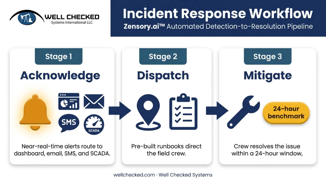 Acknowledge dispatch mitigate incident response workflow for methane leak alerts