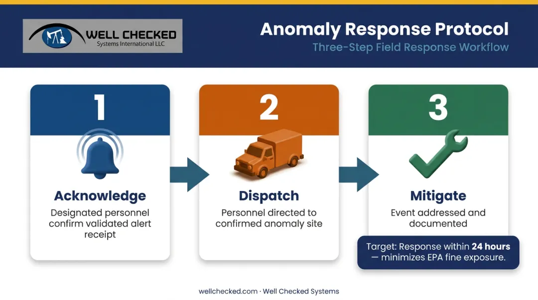 Three-step acknowledge dispatch mitigate well site methane event response protocol flow
