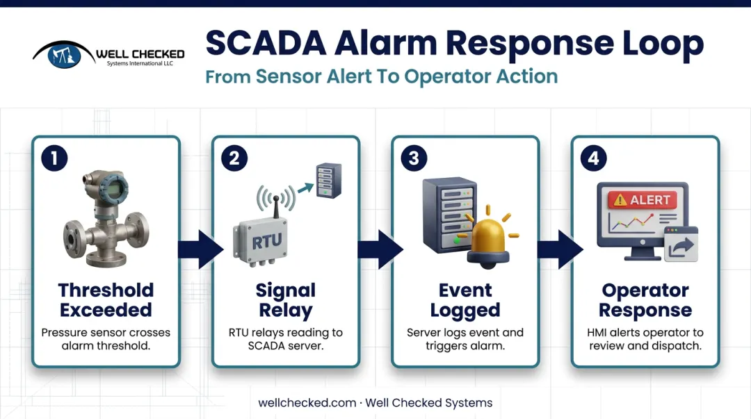 4-step SCADA data flow from sensor alert to operator response