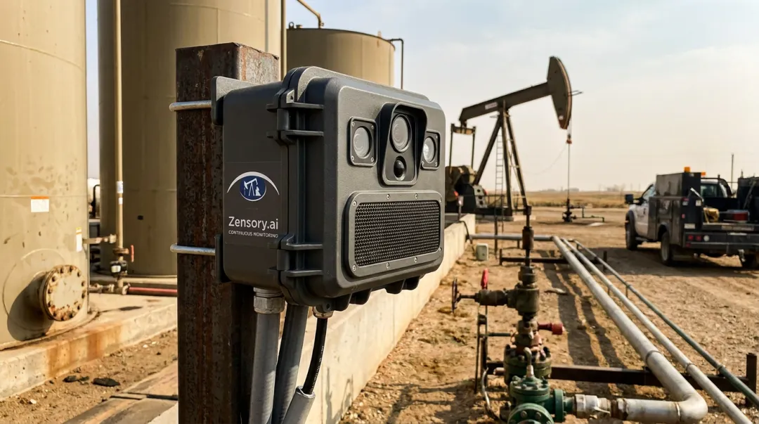 Zensory.ai continuous multi-sensor methane monitoring unit installed at wellsite