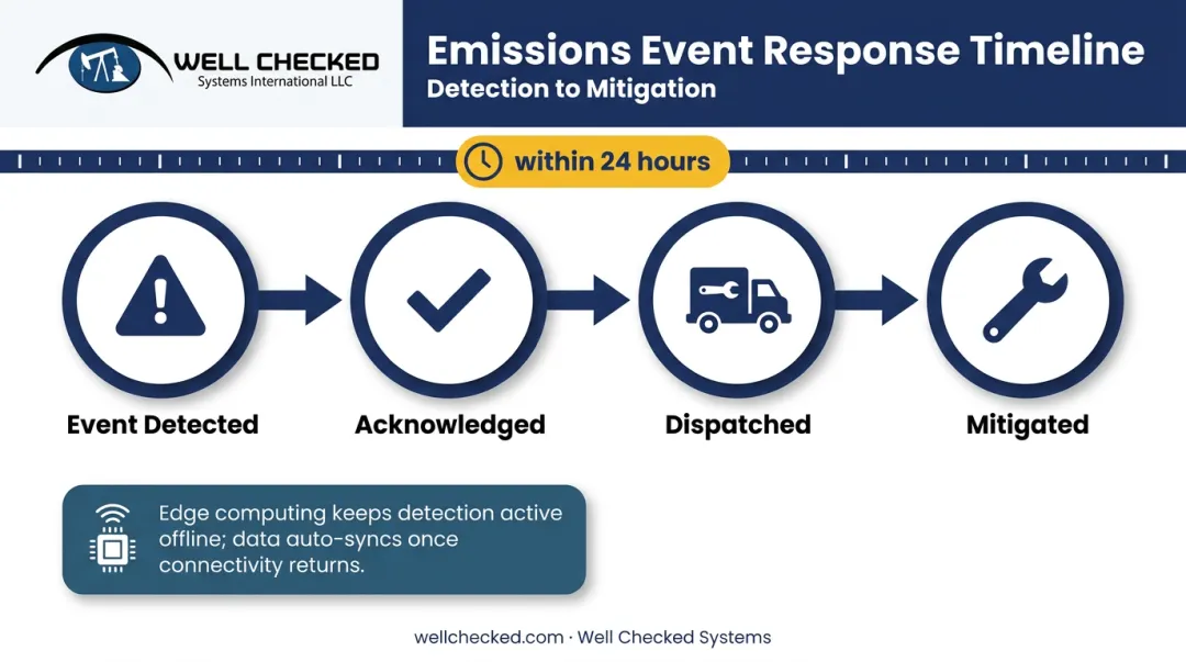 24-hour emissions response timeline from detection to mitigation onsite