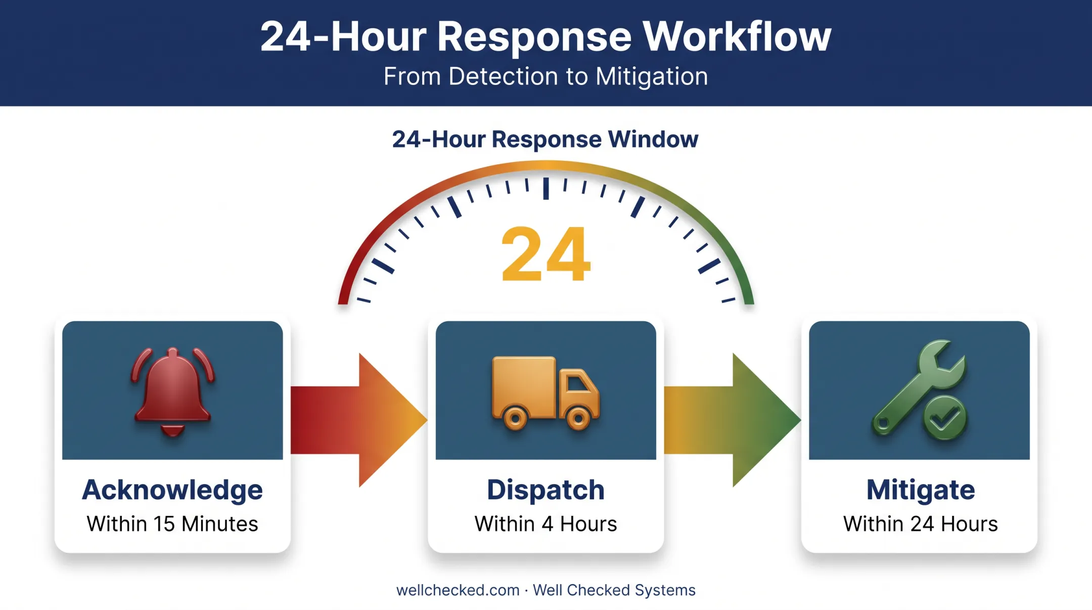 Acknowledge dispatch mitigate response workflow timeline within 24 hours