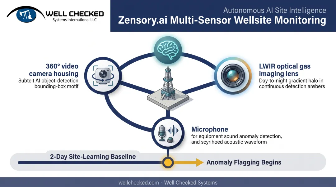 Multi-sensor AI wellsite monitoring stack with video optical acoustic sensors