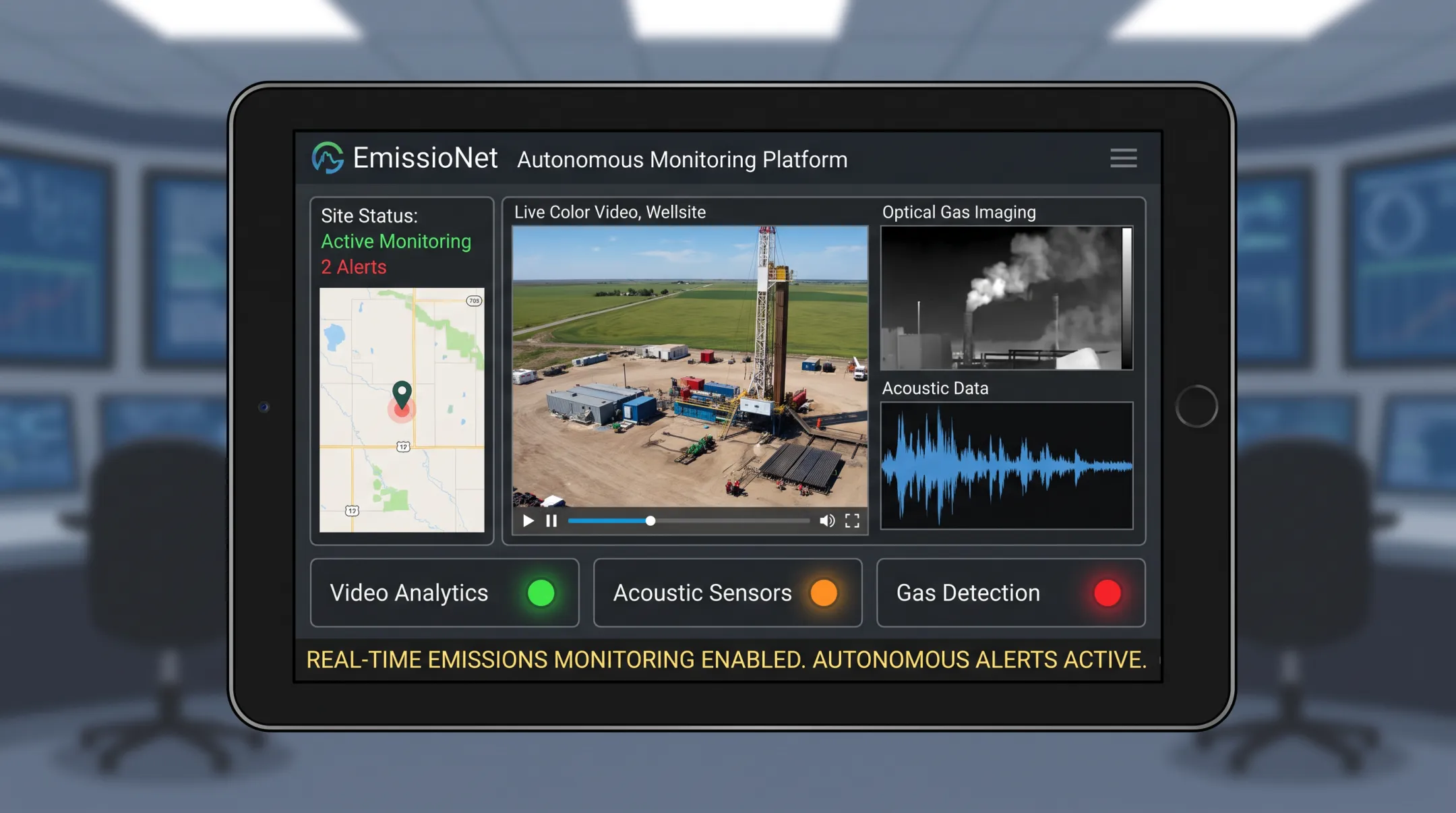 Multi-sensor wellsite monitoring dashboard showing video acoustic and gas imaging