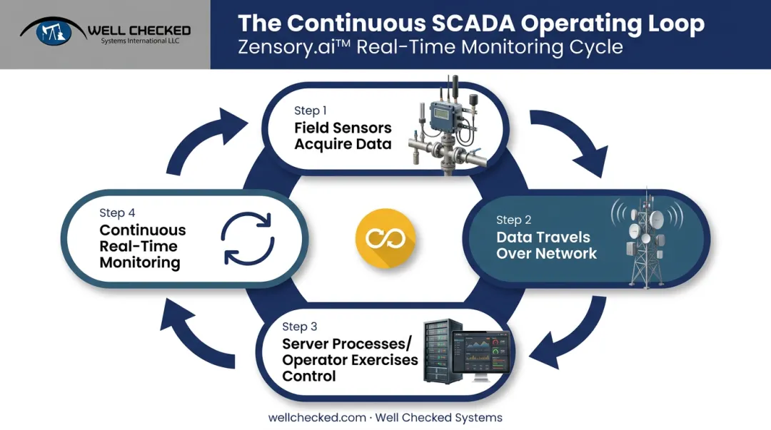 4-step SCADA data acquisition and control cycle process flow