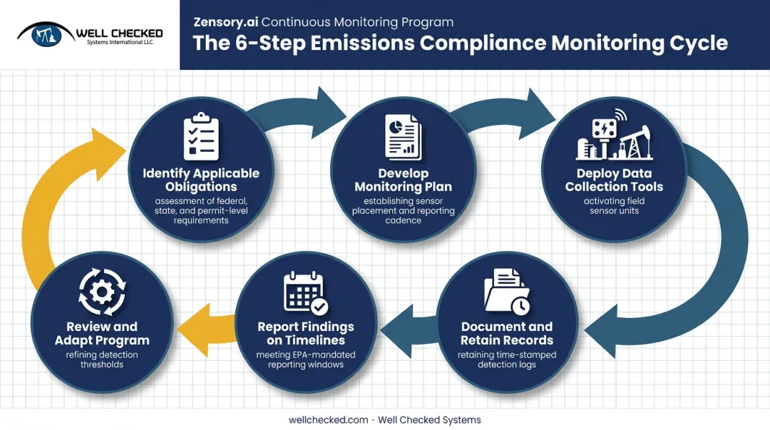 6-step process flow for building an environmental compliance monitoring program
