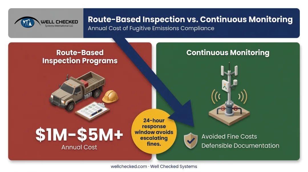 Cost comparison of route-based inspections versus continuous monitoring prevention savings
