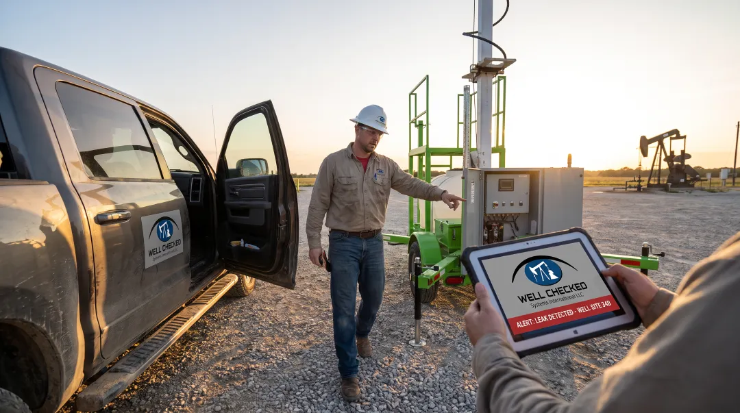 Field technician dispatched to remote well site after validated methane alert
