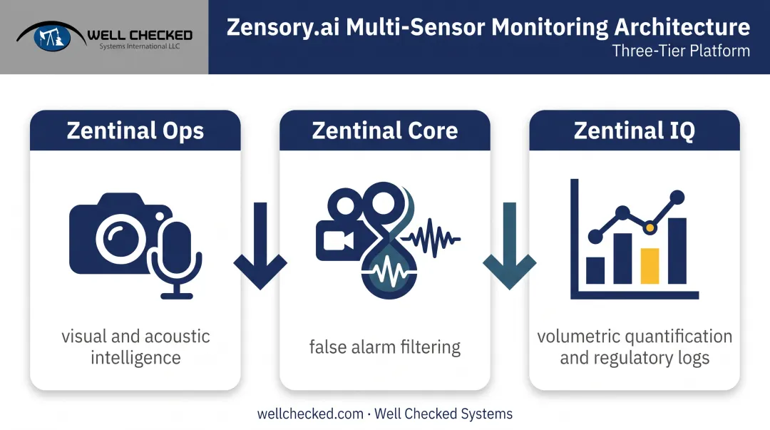 Zensory.ai three-tier methane monitoring platform architecture diagram