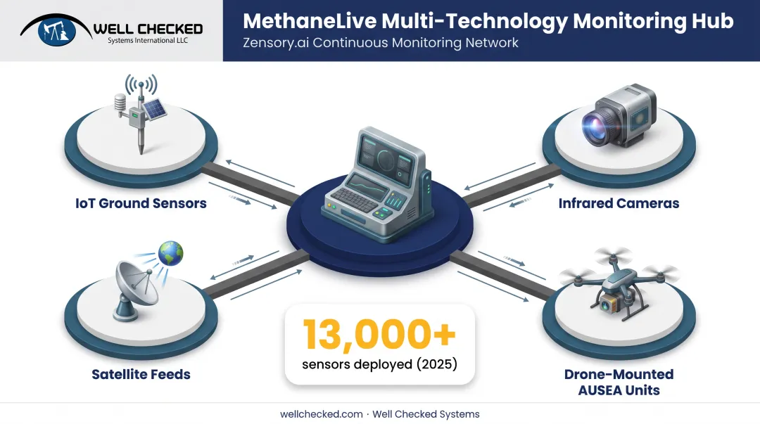 Multi-technology global methane monitoring hub combining sensors drones and satellites