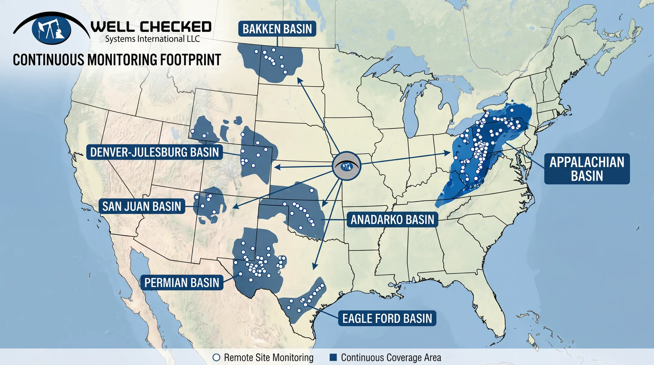 Map of Well Checked continuous monitoring deployment across US onshore basins