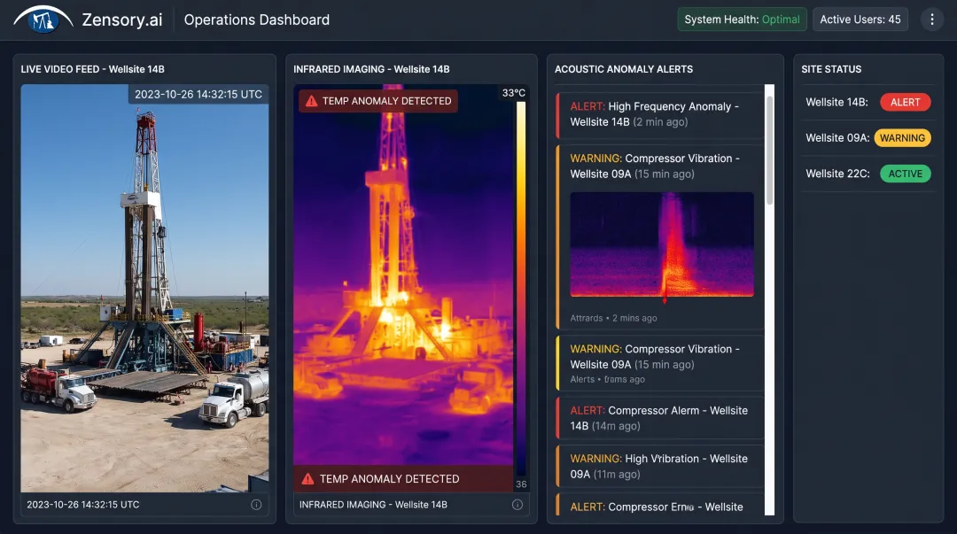 Zensory.ai platform dashboard showing multi-sensor methane monitoring data
