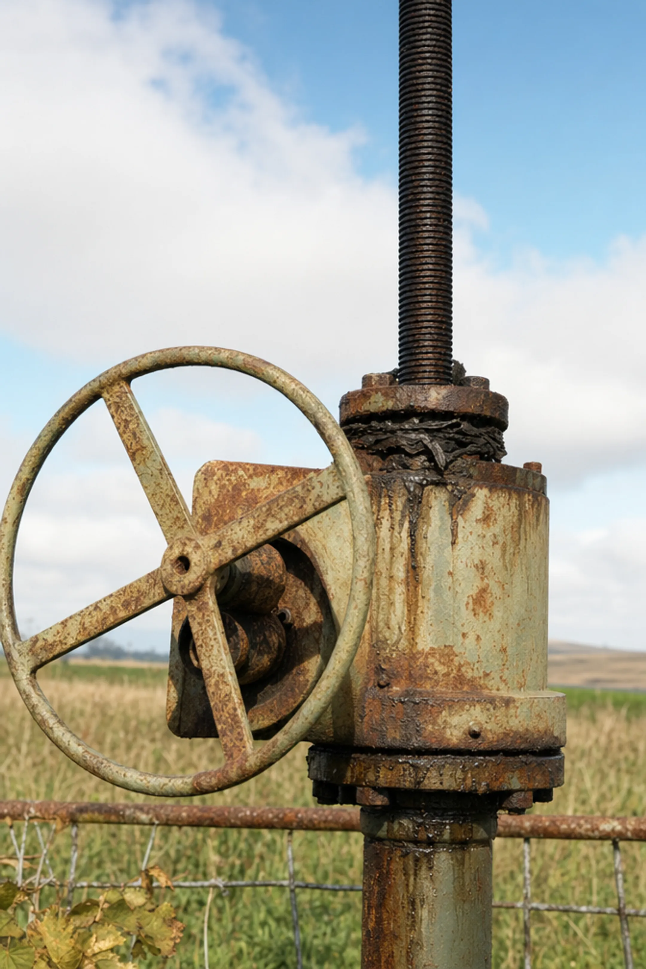 Close-up of corroded valve and worn gasket causing gas leakage