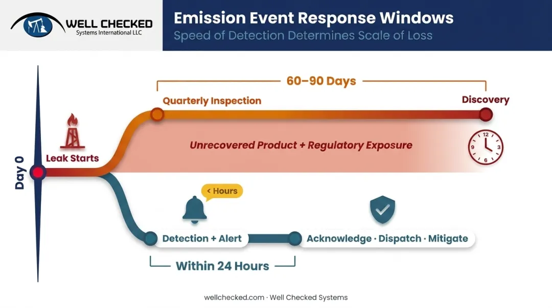 Methane leak detection response timeline comparing quarterly inspection versus 24-hour real-time alert