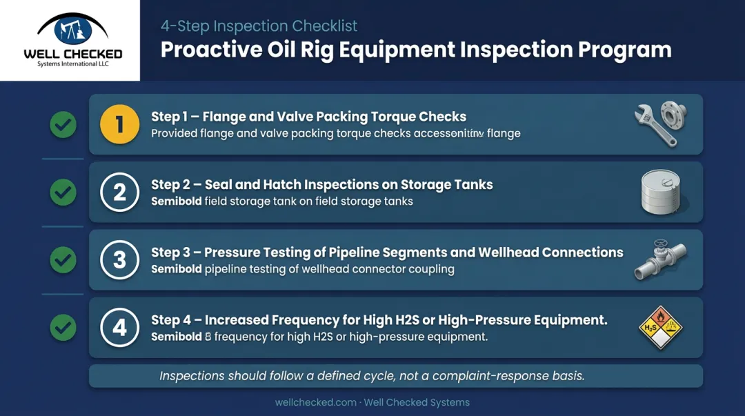 Four-step proactive well site equipment inspection program checklist infographic