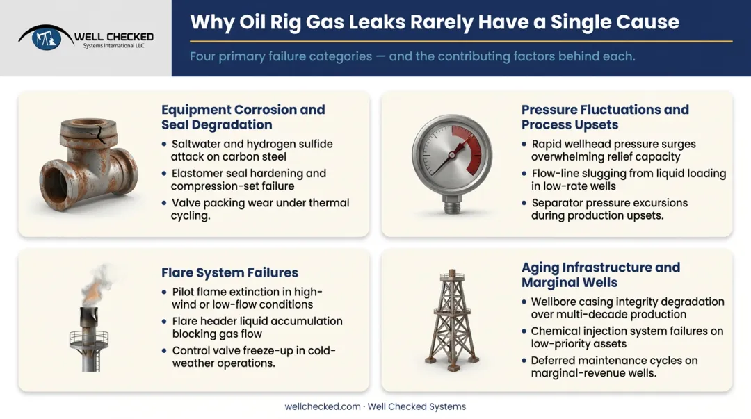 Four common well site gas leak causes infographic with contributing failure factors