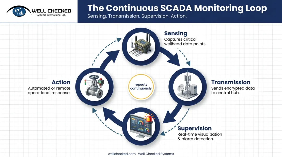 SCADA four-stage operational loop from sensing to action