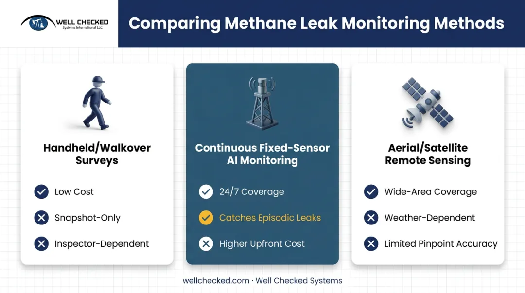 Comparison of three methane monitoring methods showing pros cons and best use cases
