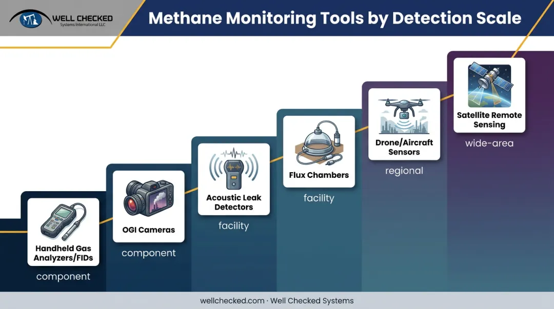 Six methane detection tools ranked from component-level to satellite-scale monitoring